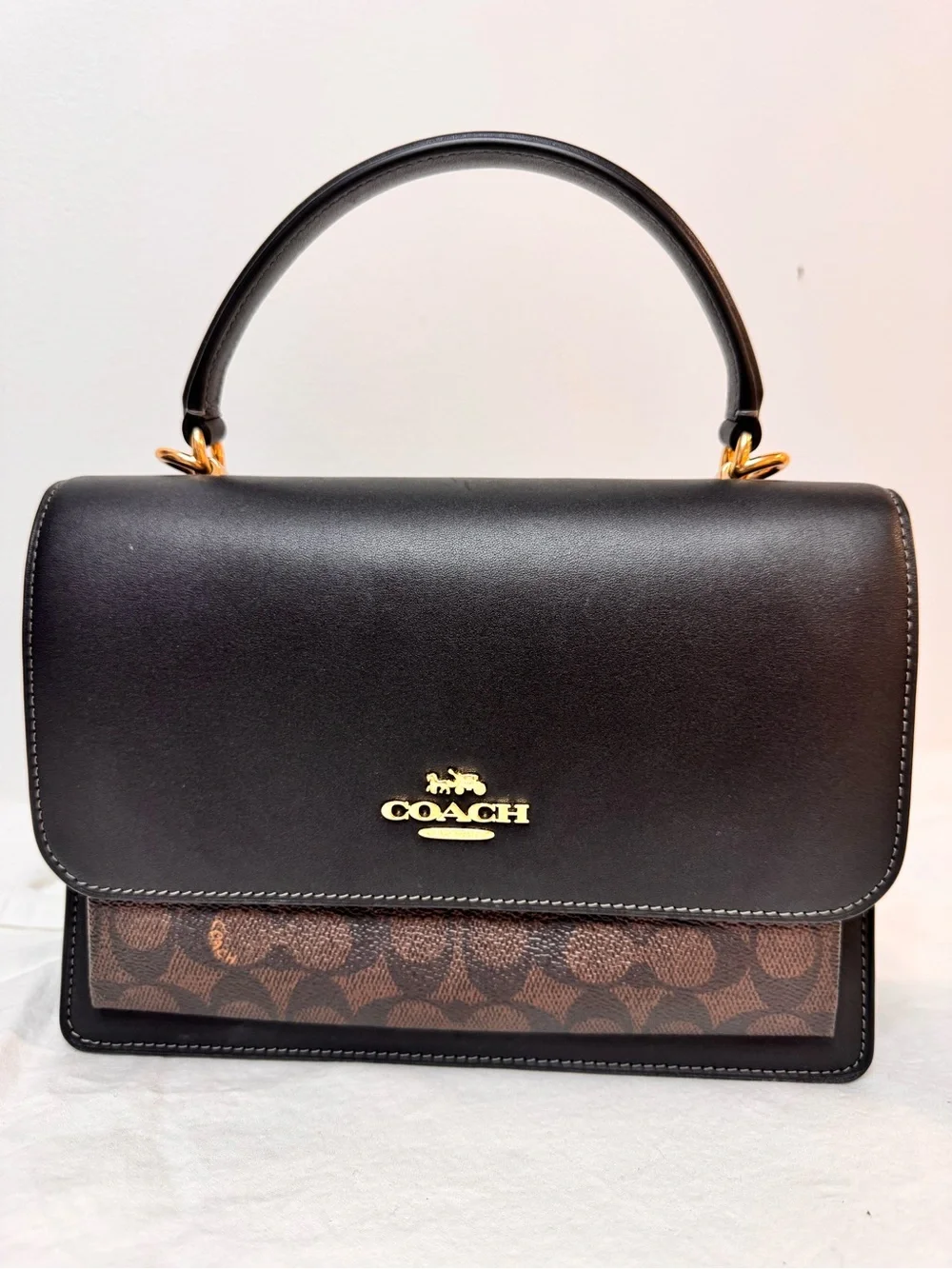 Coach Black Leather Top-Handle Satchel with Brown Signature Canvas